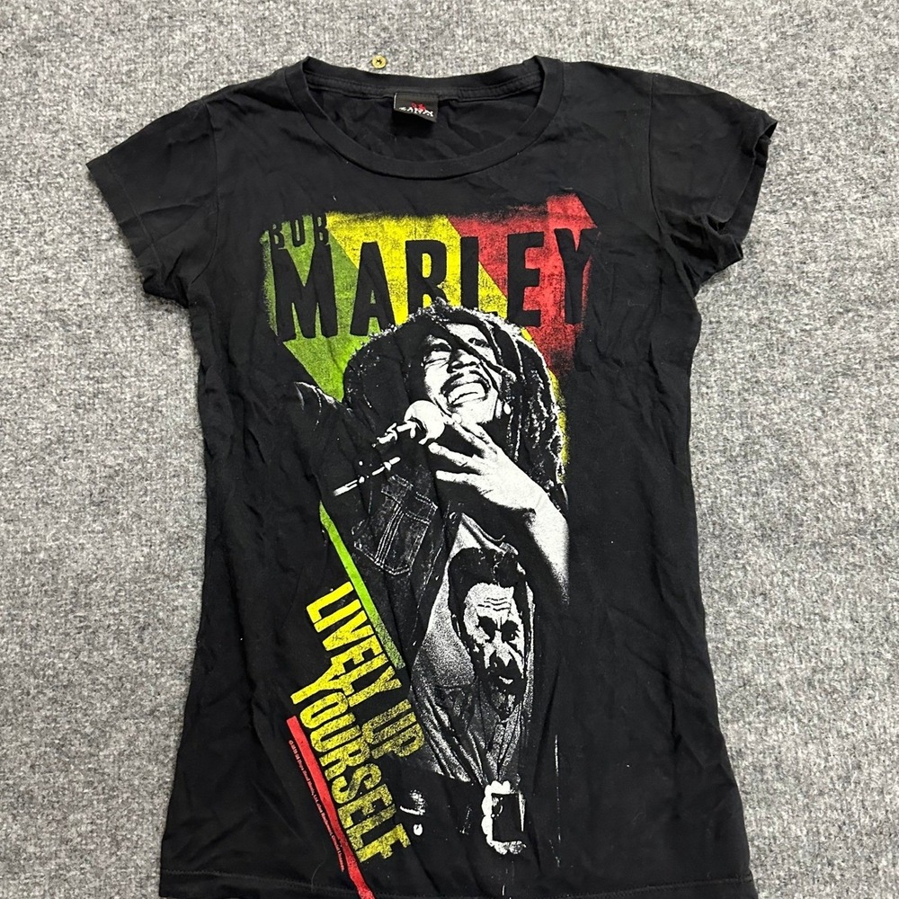 Zion Rootswear T-Shirt Womens Size L Black Bob Marley Lively Up Yourself Graphic